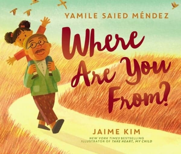 Illustrated book cover showing elderly figure in green jacket walking through wheat field with children and birds against mint green sky