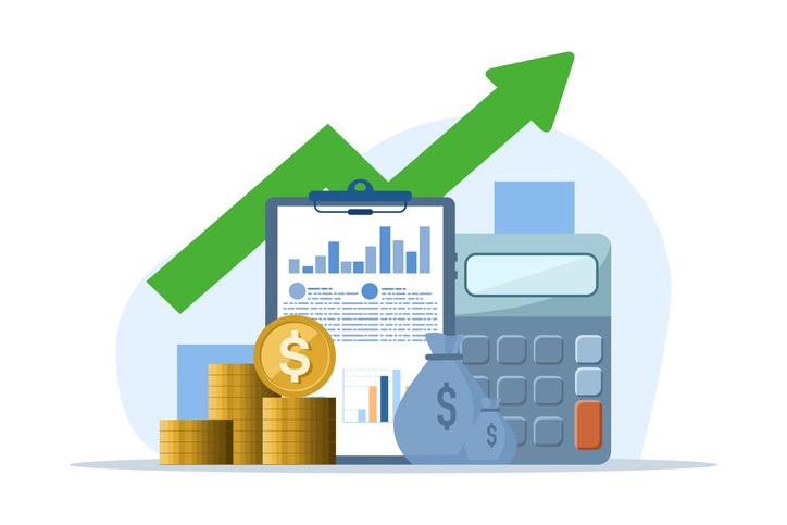 Business illustration showing stacked coins, financial report, calculator, and upward trending arrow against light blue background