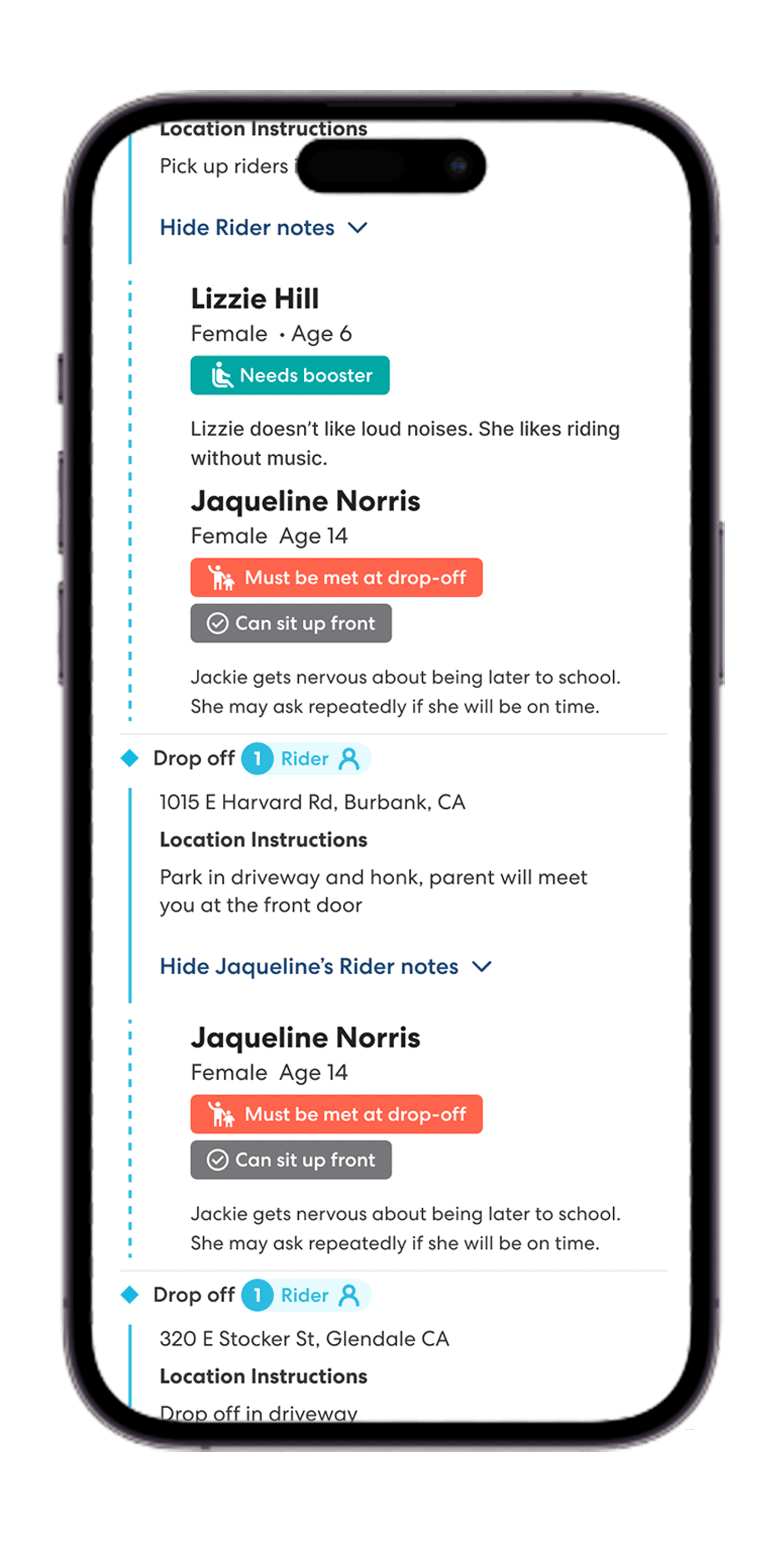 Mobile app interface showing rider profiles and drop-off instructions for student transportation service