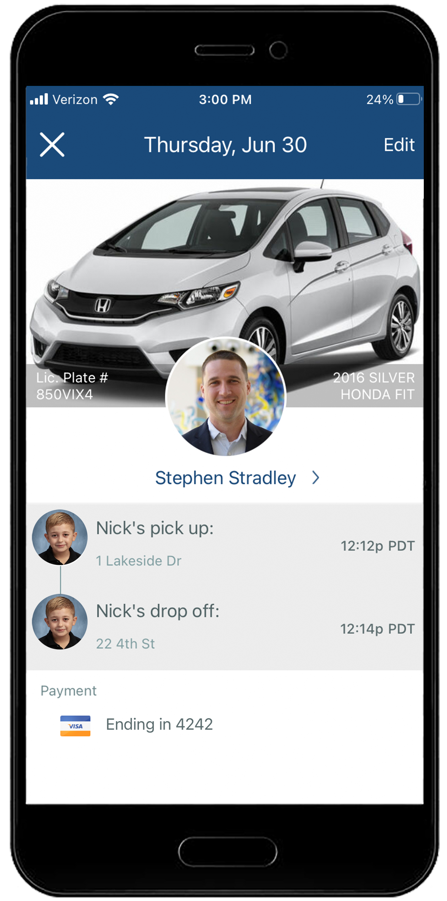 Mobile app screen showing ride details for child pickup service, featuring a 2016 Silver Honda Fit and driver information
