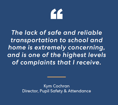 Quote about school transportation safety concerns on dark blue background, attributed to Director of Pupil Safety & Attendance