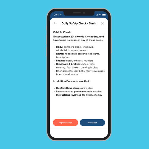 Mobile app screen showing a vehicle safety checklist for HopSkipDrive drivers with various inspection points and status buttons