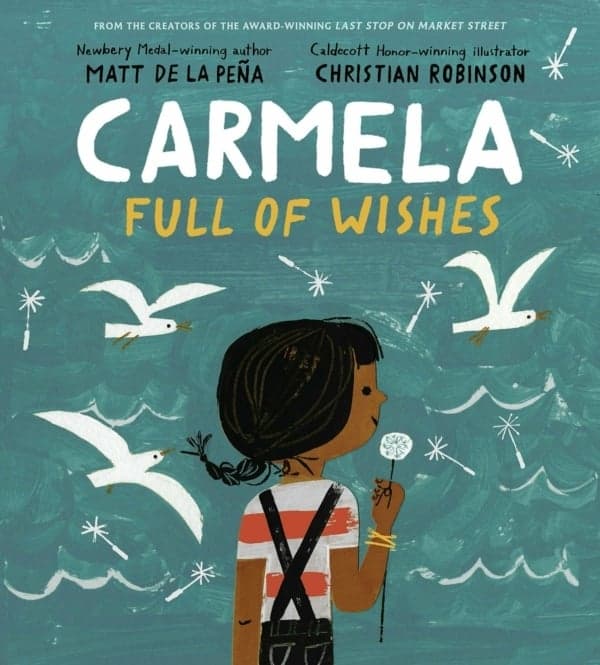 Children's book cover showing a young girl with braided hair holding a dandelion, surrounded by seagulls against a turquoise background