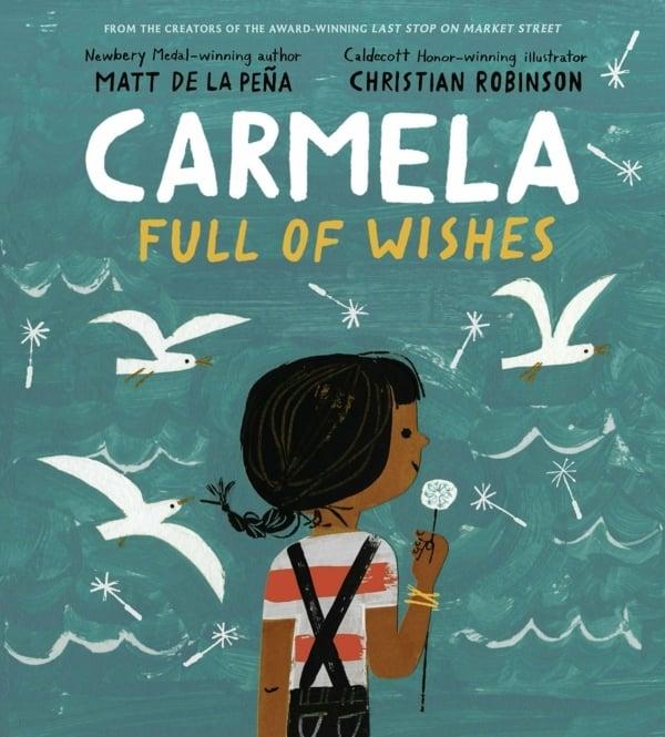 Children's book cover showing a young girl with braided hair holding a dandelion, surrounded by seagulls against a turquoise background