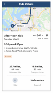 Mobile app screen showing ride details with map route, distance of 29.7 miles, estimated cost $45, and duration of 46 minutes