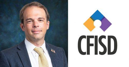 Professional headshot of person in business attire next to CFISD organizational logo featuring colorful geometric shapes