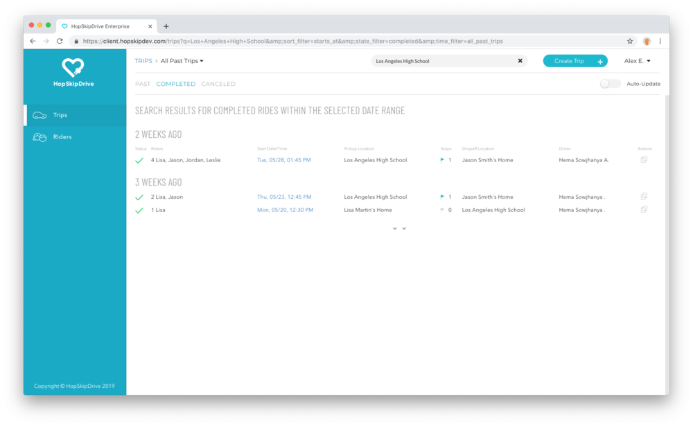 Web interface showing completed rides list with trip details including dates, pickup locations, and driver information