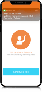 Mobile phone screen showing an orange circular icon with a waving figure and a schedule visit button