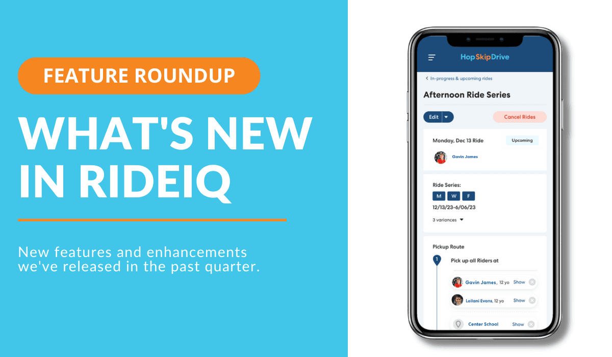 Mobile app screenshot showing new RideIQ features including an afternoon ride series interface with pickup route and scheduling options