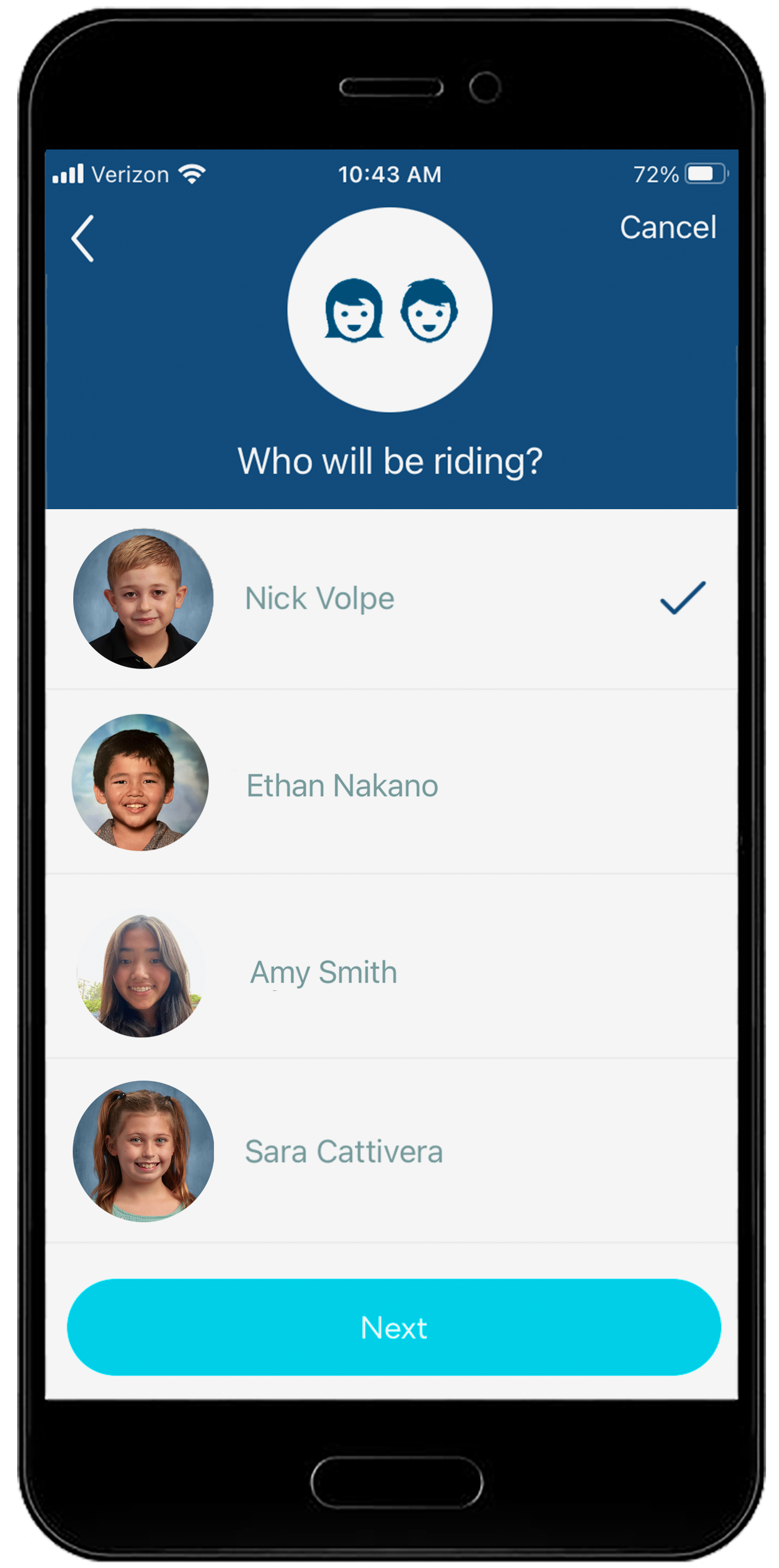 Mobile app interface showing 'Who will be riding?' screen with four profile options and a Next button