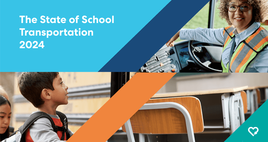 Composite image showing a school bus driver and students with geometric design elements for a 2024 transportation report cover