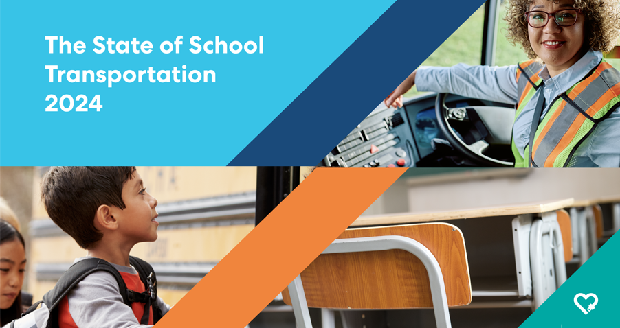 Composite image showing a school bus driver and students with geometric design elements for a 2024 transportation report cover