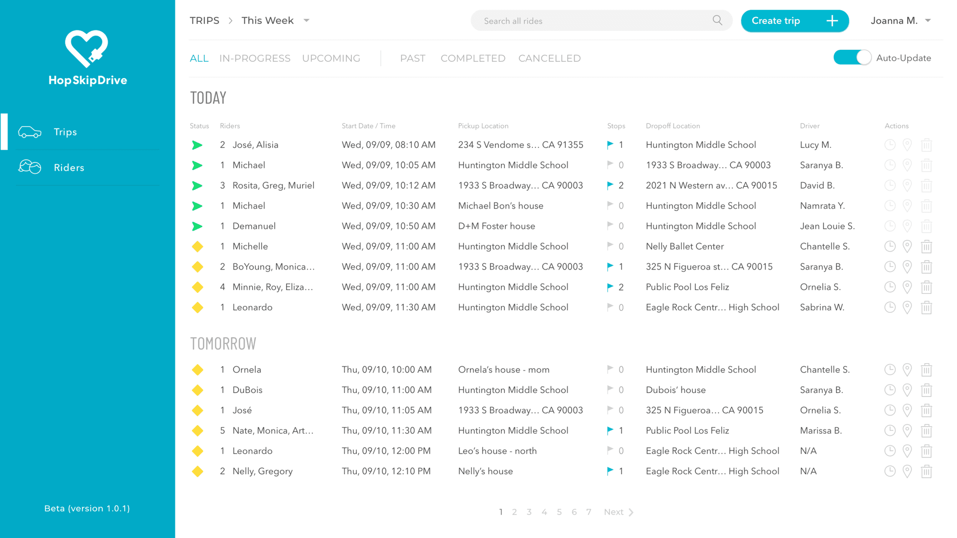 Transportation scheduling interface showing today's and tomorrow's rides with pickup locations, times, and driver assignments
