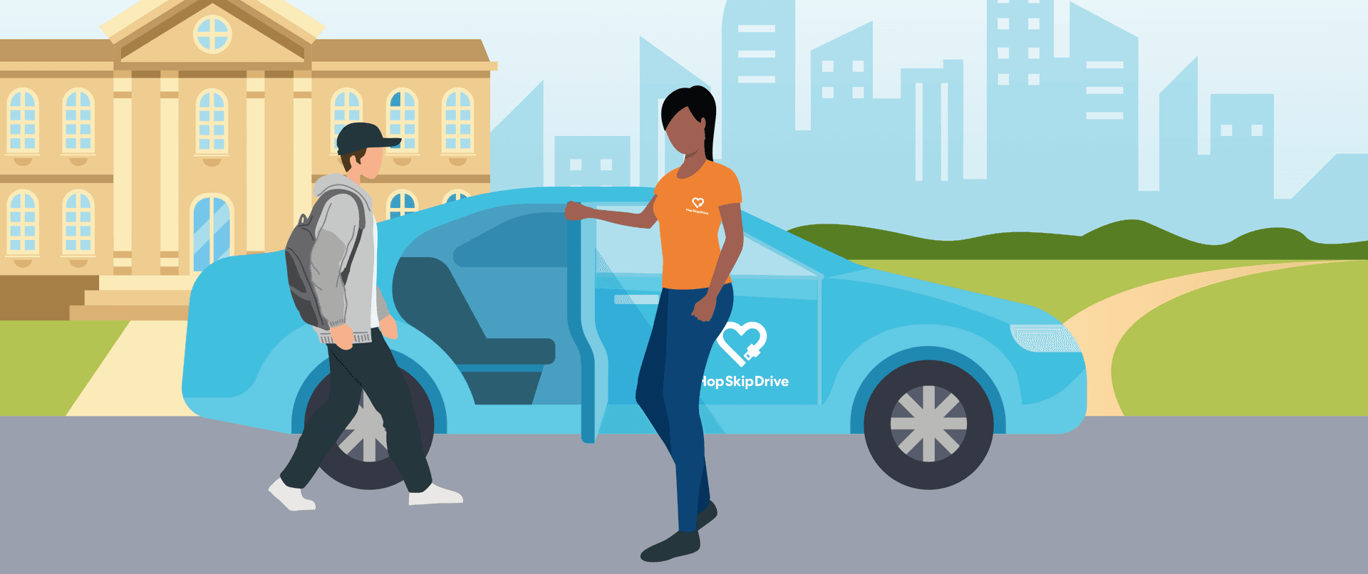 Illustration of a rideshare driver in orange uniform greeting a passenger with backpack outside a blue car, city skyline in background