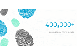 Minimalist design showing fingerprints in blue, gray, and mint with text '400,000+ CHILDREN IN FOSTER CARE'