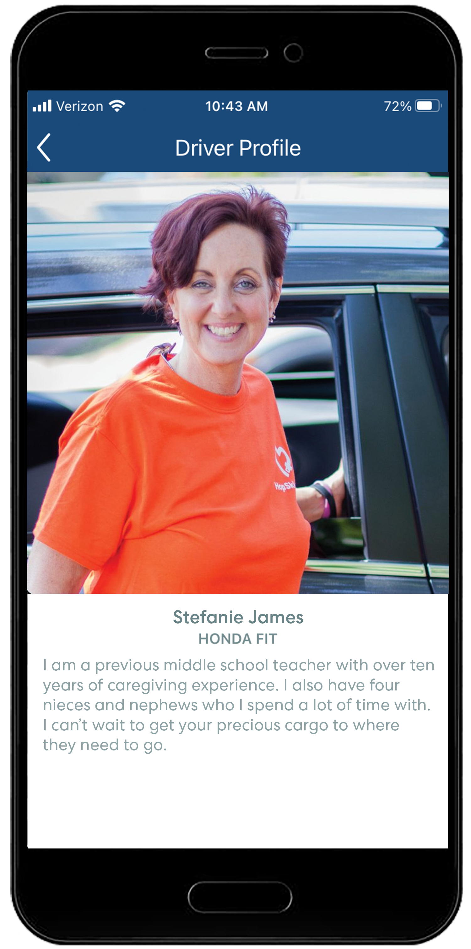Mobile app driver profile showing a driver in an orange t-shirt standing by a car, with profile details and bio below