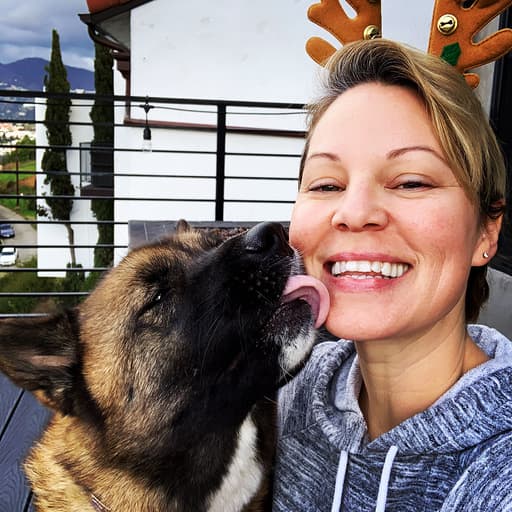 Person wearing reindeer antlers smiling while German Shepherd dog gives them an affectionate lick on the cheek