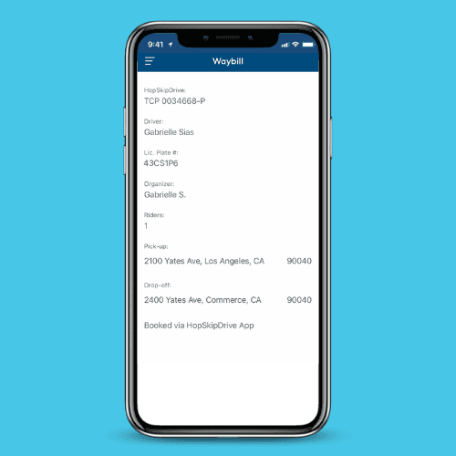 Screenshot of HopSkipDrive app's waybill screen showing trip details including pickup and drop-off locations in Los Angeles area