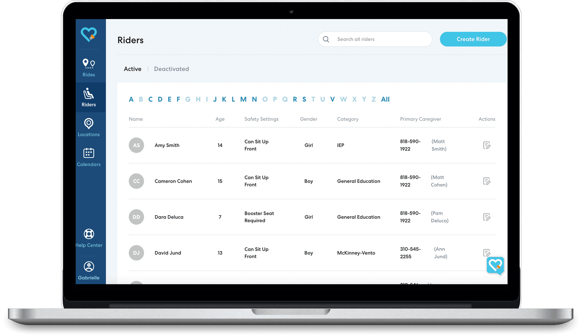 School transportation management interface showing student rider list with details like age, safety settings, and primary caregiver contact