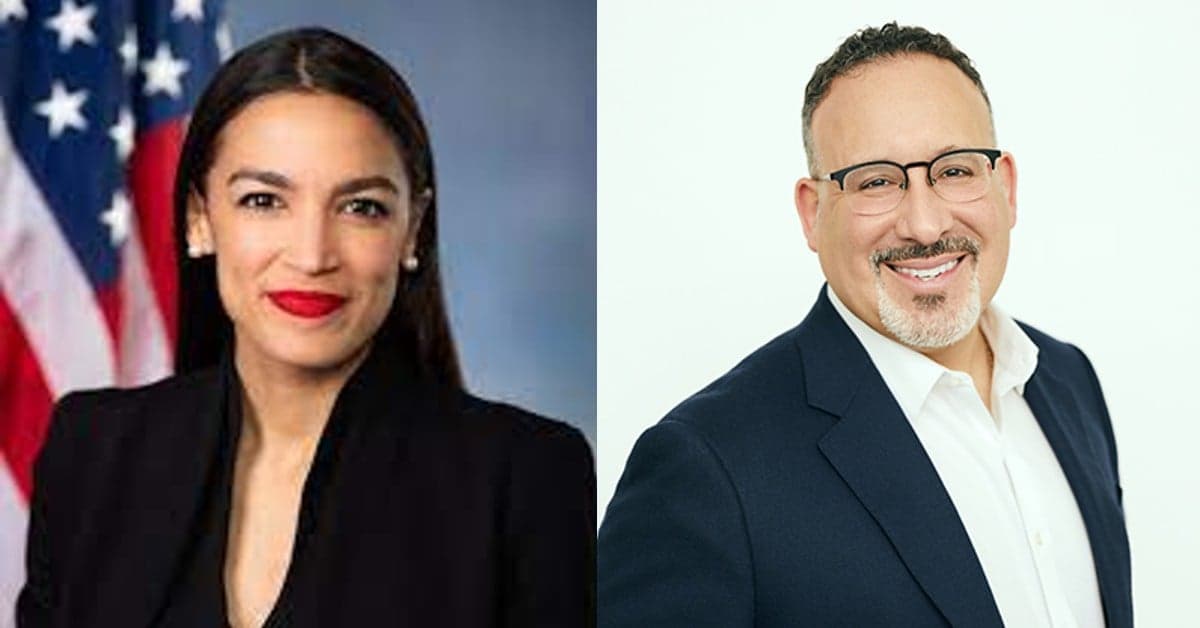 Side-by-side professional portraits of two politicians - one in front of American flag, one against white background