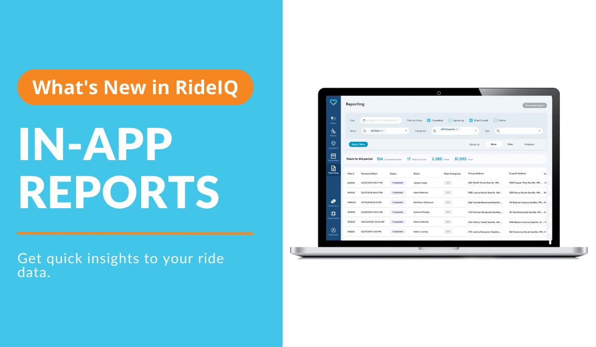 Laptop display showing RideIQ's new in-app reporting interface with ride data dashboard against blue background