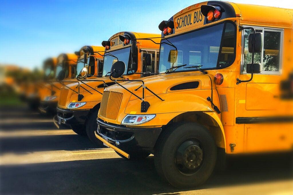 Row of bright yellow school buses parked in a lot, shown from the front quarter view with selective focus on the nearest buses