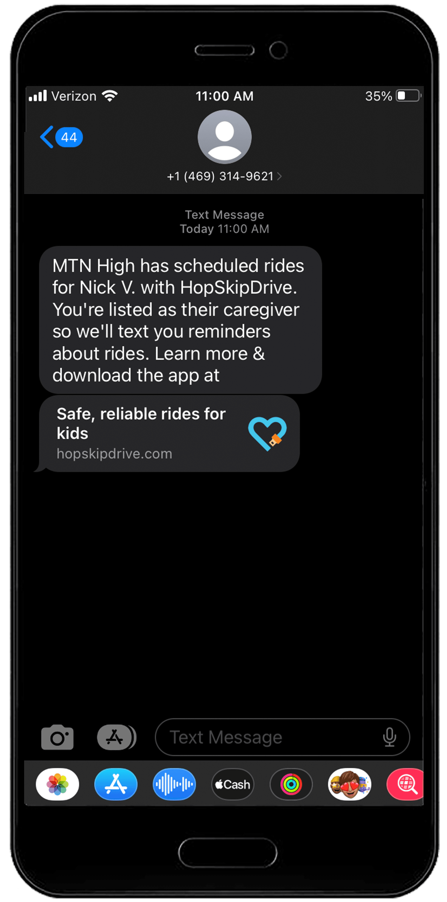 iPhone text message screen showing HopSkipDrive service notification and appointment confirmation in dark mode