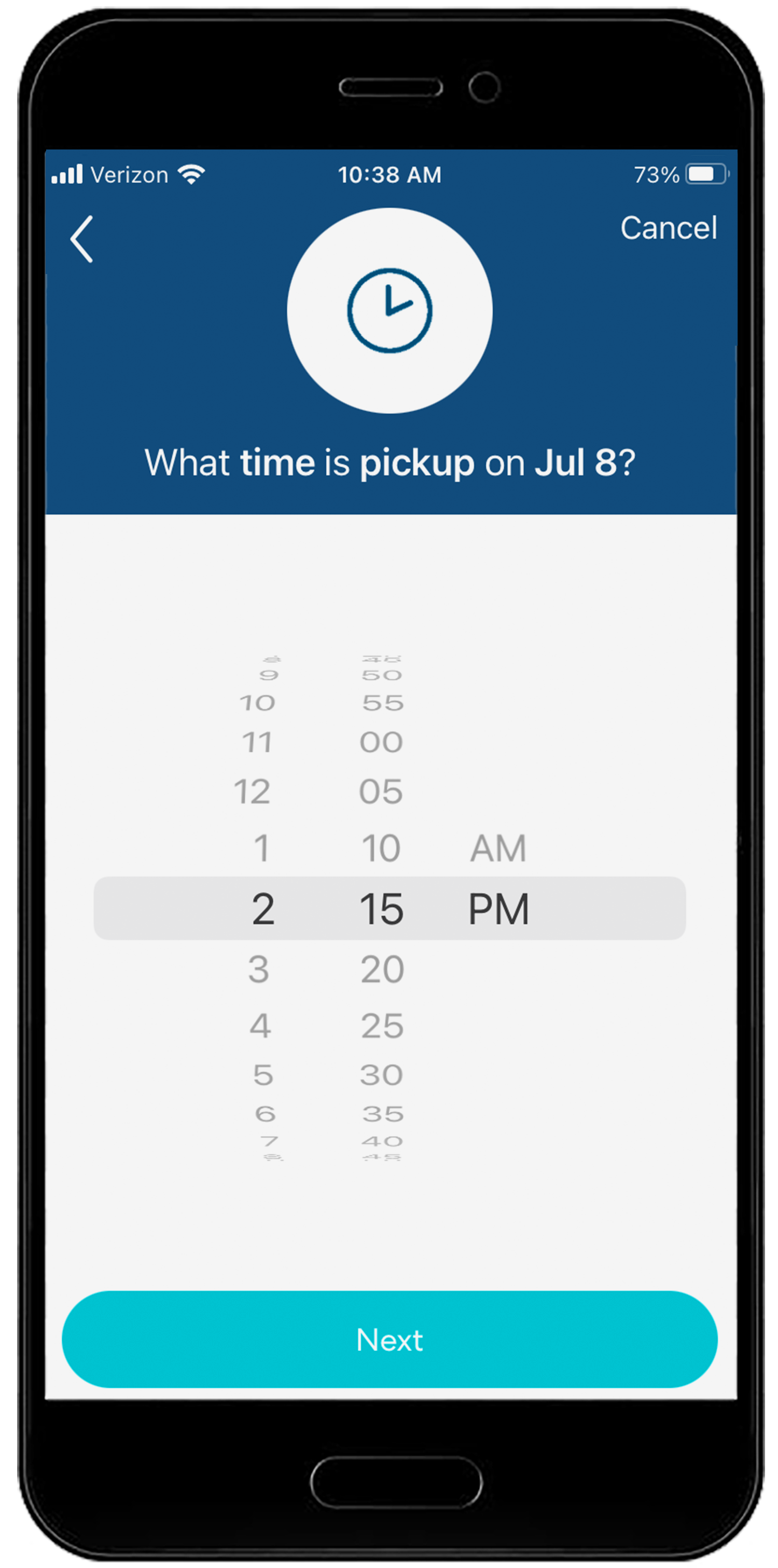 Mobile app time selection screen showing scrollable time picker with 2:15 PM selected, asking 'What time is pickup on Jul 8?'