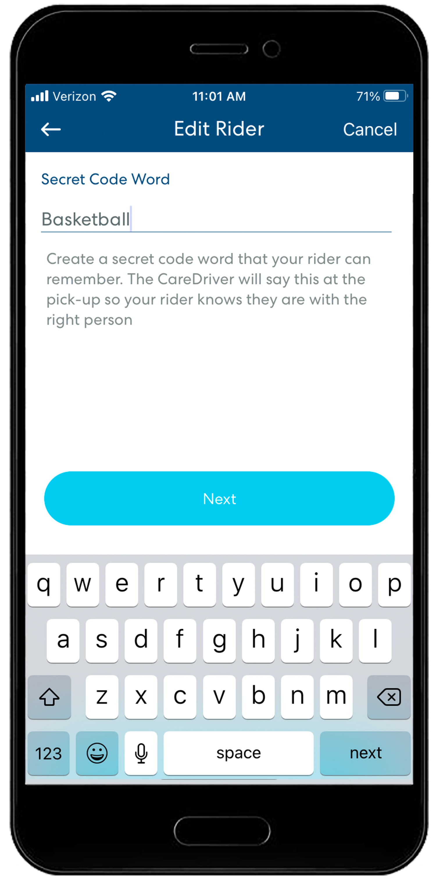 Mobile app screen showing 'Edit Rider' page with a secret code word field containing 'Basketball' and explanation text