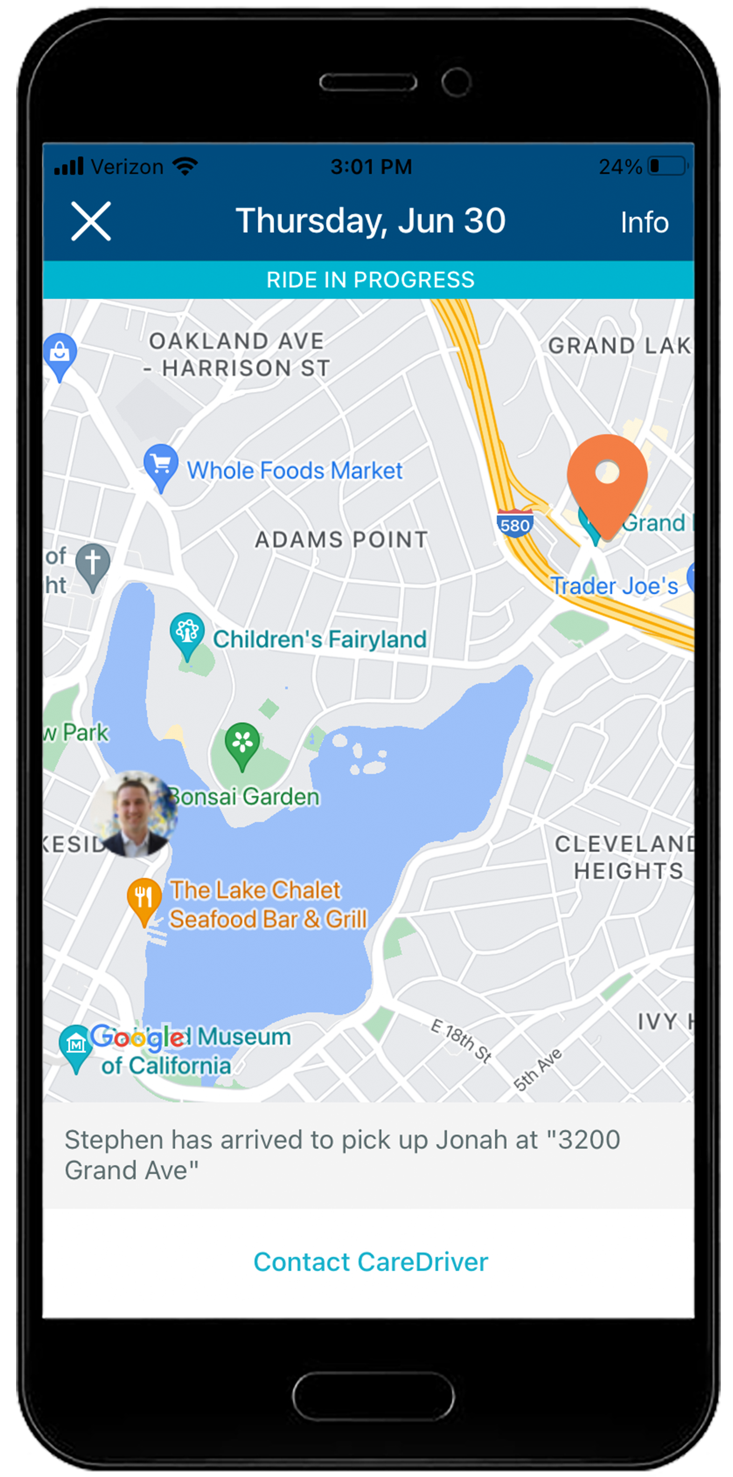 Mobile app interface showing map of Oakland's Adams Point area with ride pickup location at Grand Ave and various local landmarks