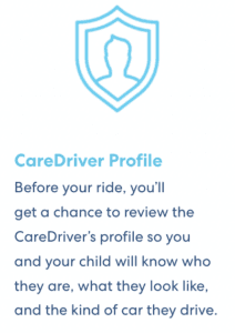 Blue shield icon with silhouette and text explaining CareDriver profile preview feature for ride safety