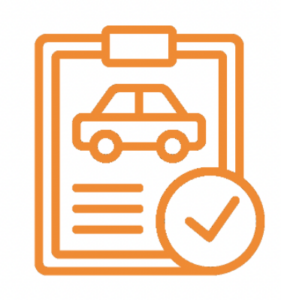 Orange line icon of a clipboard with car symbol and checkmark representing vehicle documentation or approval