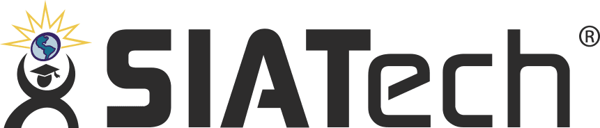 SIATech logo with graduation cap and globe icon, featuring black text and yellow sunburst design