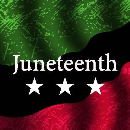 Juneteenth text with three white stars on a red and green background with abstract texture patterns