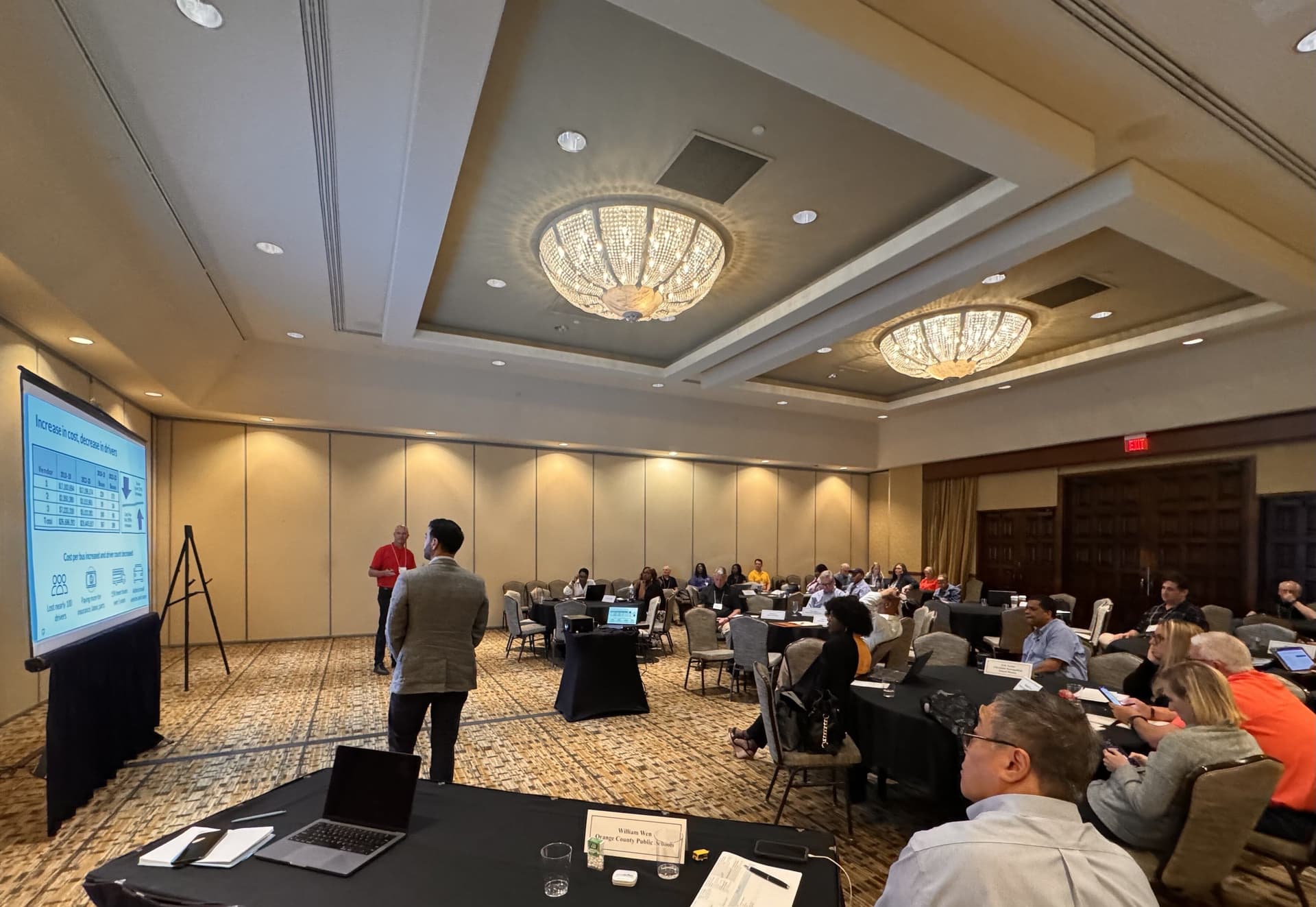Professional conference room setup with presenter at projection screen, audience seated at round tables with laptops, elegant chandeliers above