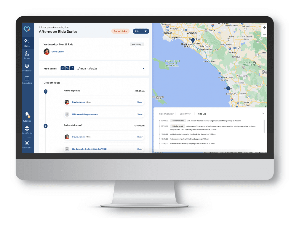 Transportation management software interface showing ride details, map view, and scheduling information for an Afternoon Ride Series