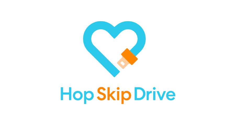 Hop Skip Drive company logo featuring a stylized blue heart with orange USB connector and text in blue and orange letters