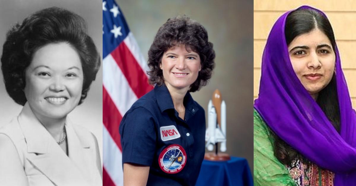 Three portraits showing a woman politician, NASA astronaut, and education activist representing different eras and achievements