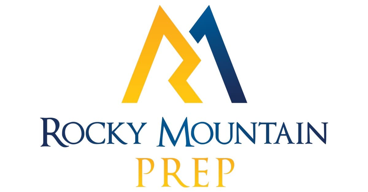 Rocky Mountain Prep logo featuring a stylized mountain peak in yellow and blue above text in navy and gold colors