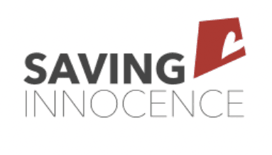 Minimalist logo design featuring 'SAVING INNOCENCE' text with a stylized red geometric shape resembling a corner or bracket
