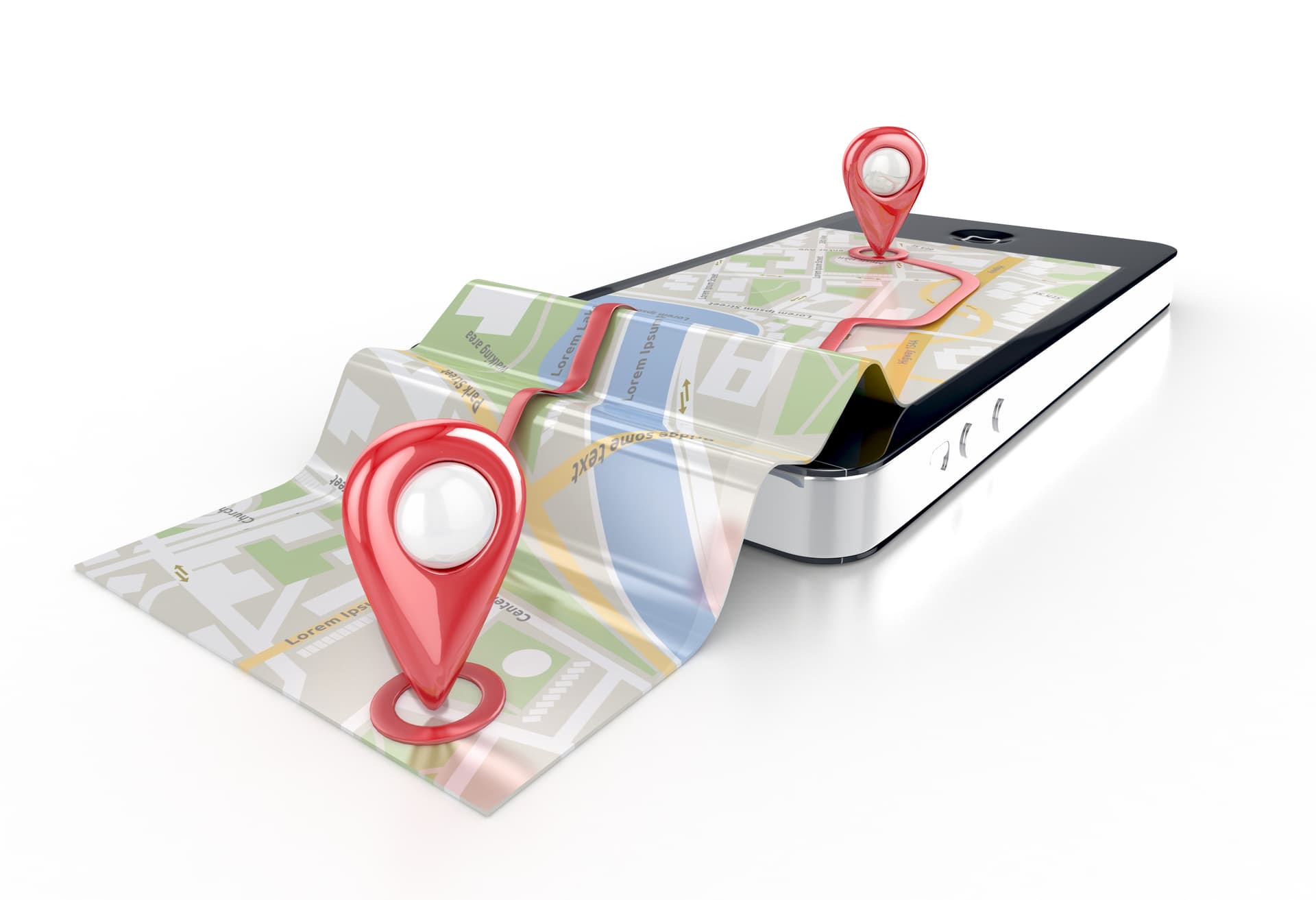 3D illustration of a smartphone displaying a map with red location pins and an extended folded map flowing from the screen