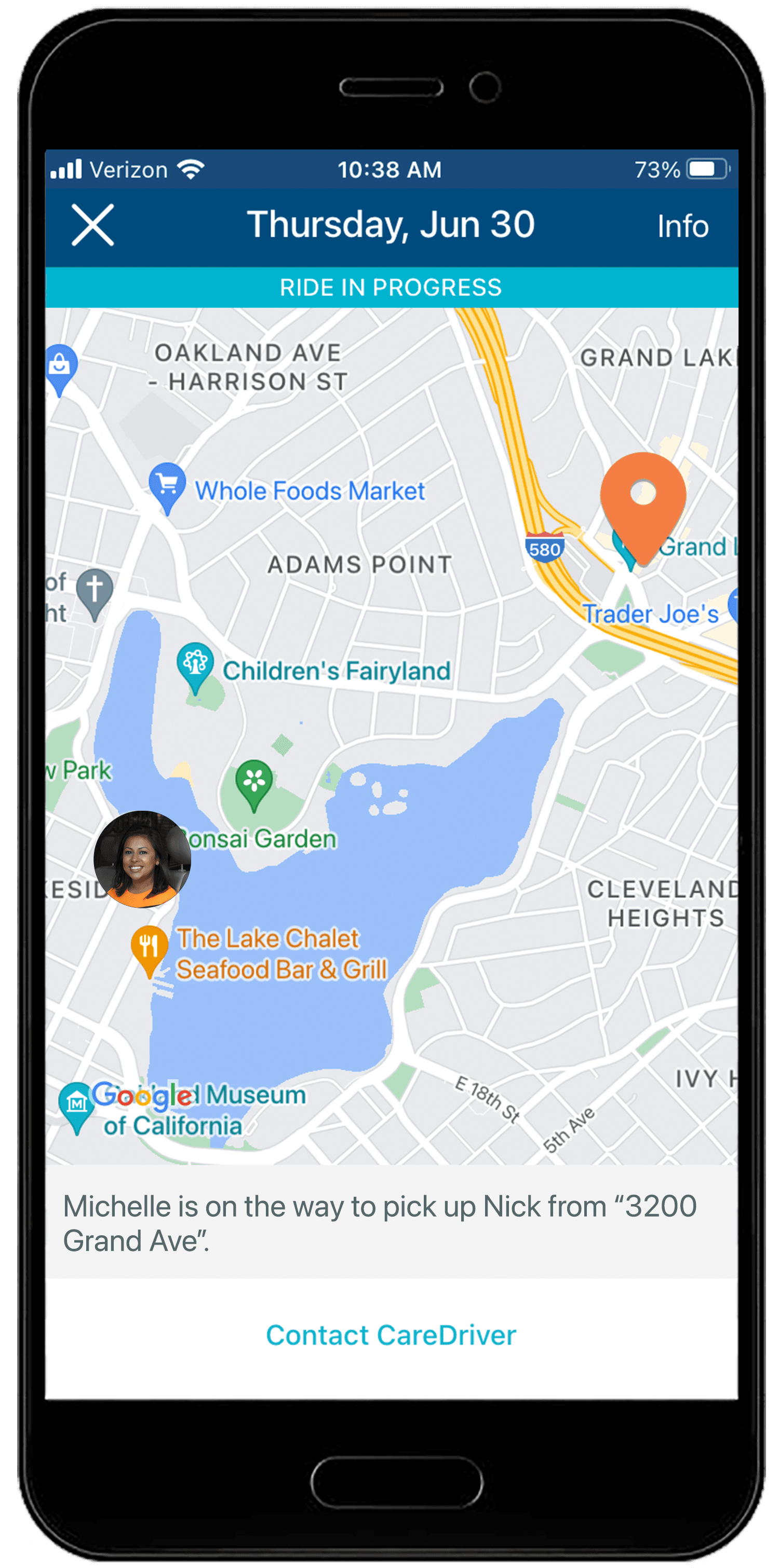 Mobile app map view showing ride in progress around Lake Merritt in Oakland, with various landmarks and destination at Grand Ave
