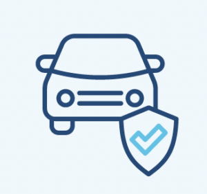 Simple line icon of a car with a shield and checkmark, representing automotive protection or insurance