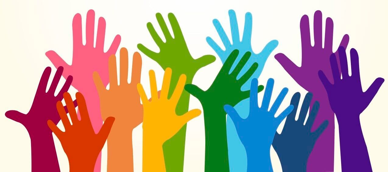 Silhouettes of raised hands in rainbow colors arranged in a row, symbolizing diversity, unity and participation