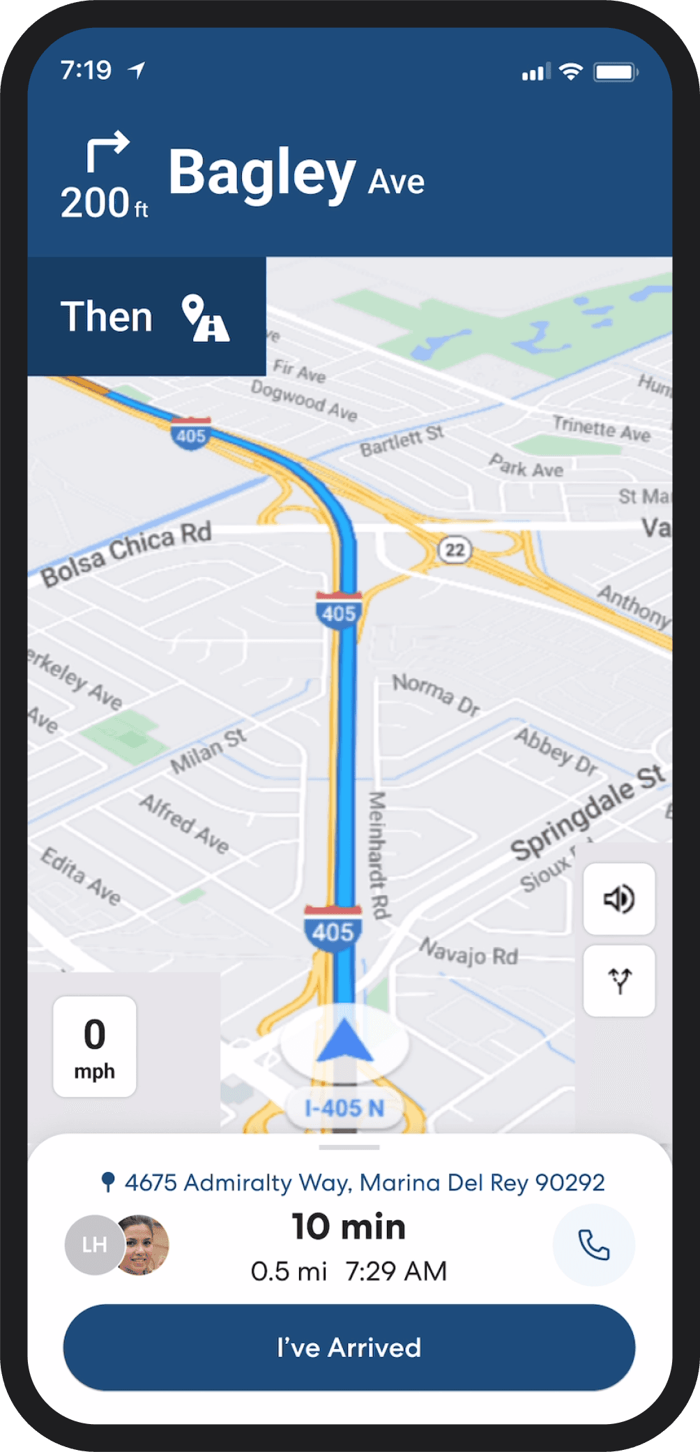 Google Maps navigation screen showing directions to 4675 Admiralty Way in Marina Del Rey, with I-405 and surrounding streets visible