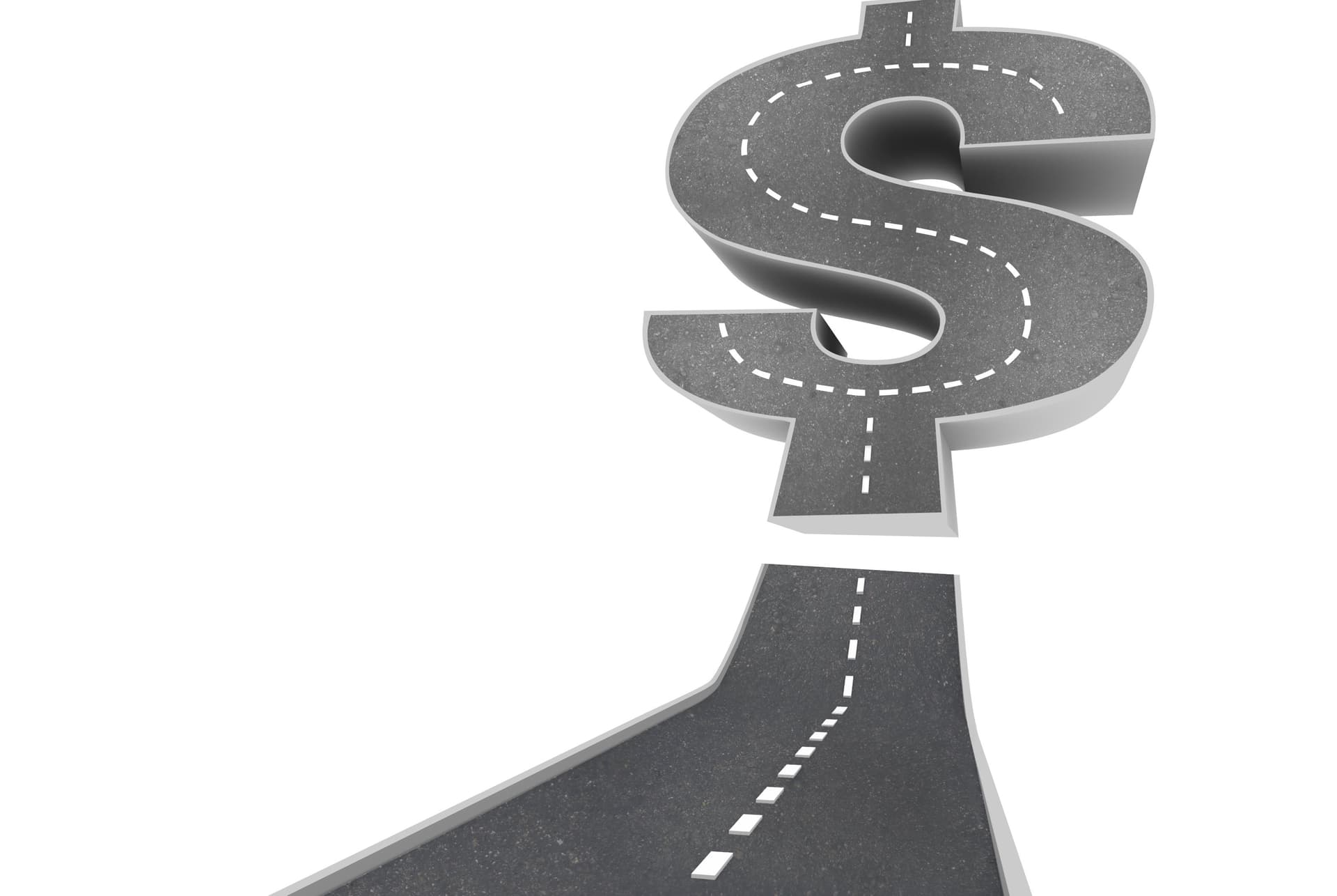3D illustration of a road leading to a large dollar sign, with the road continuing through the dollar symbol