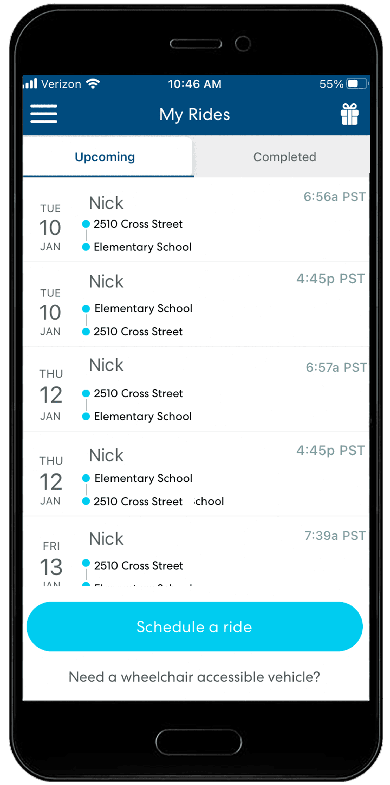 Mobile app screen showing upcoming rides schedule between home and elementary school with times and dates listed
