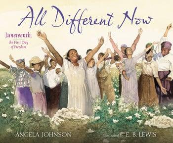 Book cover illustration showing people celebrating in a cotton field, arms raised in joy, with 'All Different Now' written in purple script