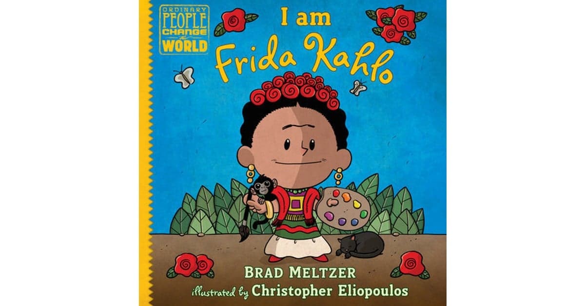 Cartoon illustration of Frida Kahlo on a children's book cover, holding a paint palette and monkey, with red roses and butterflies