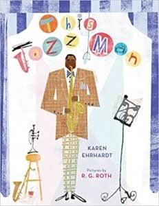 Stylized illustration of a jazz musician in tan suit with musical instruments and decorative text forming an arch above